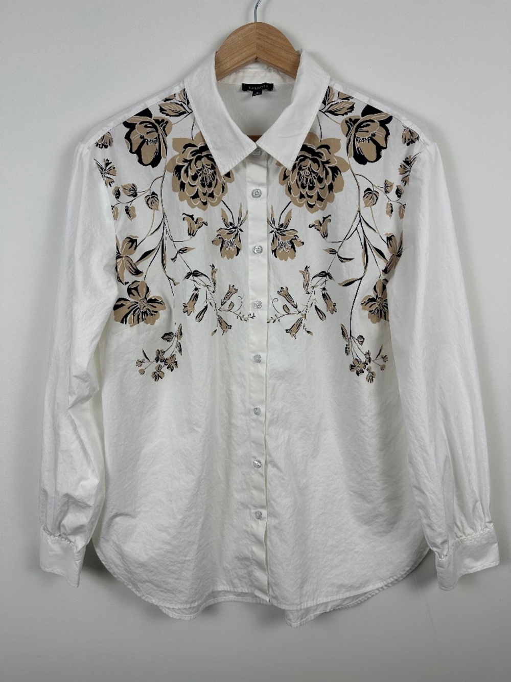 Talbots Floral Yoke Button Down Shirt White Tan Black M Western